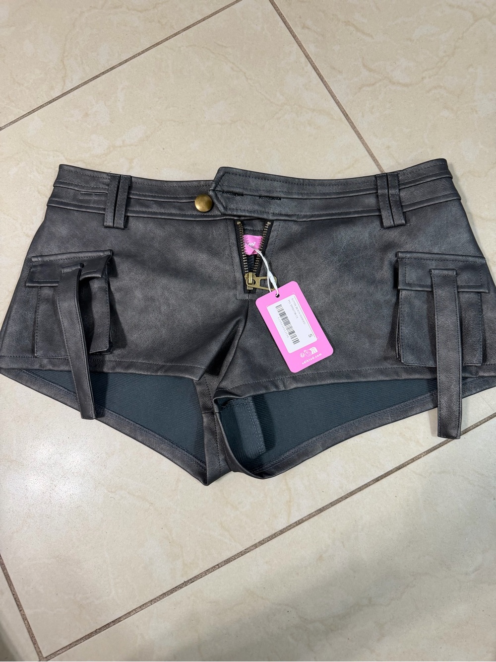 Edikted Black Faux Leather Cargo Bike Shorts